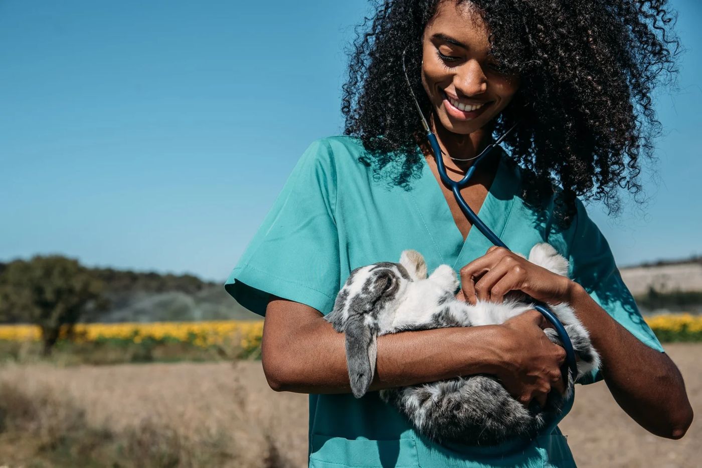 A veterinarian holding a rabbit outdoors